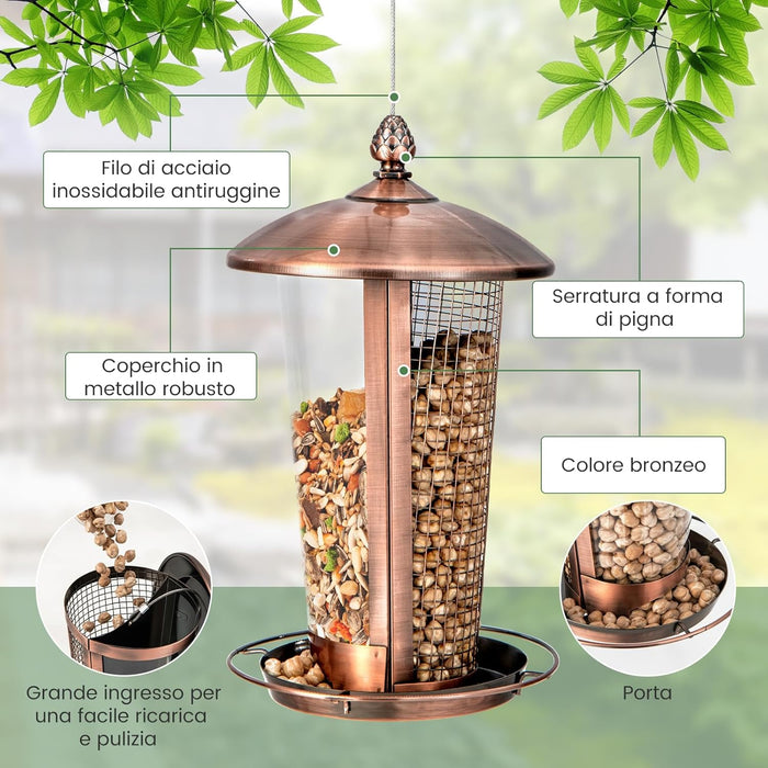 2 in 1 Mangiatoia per Uccelli con 2 Tubi, Mangiatoia per Uccelli da Appendere all'Aperto in Metallo Resistente alle Intemperie, Decorazione per Giardino e Portico
