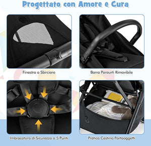 Passeggino Leggero per Bambini, Passeggino da Viaggio con Schienale Regolabile, Passeggino Portatile per Bambini con Schienale Reclinabile e Cappotta Regolabile, per Bambini 0-3 Anni