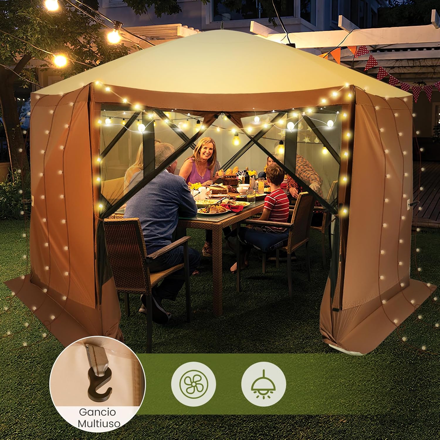 Gazebo da Giardino Pop-Up 3,5 x 3,5 m, Tenda da Giardino a 6 Lati con Tetto Ventilato e Manico, 2 Pareti Rimovibili, Rete a Maglia, Borsa da Trasporto per Patio, Giardino, Campeggio
