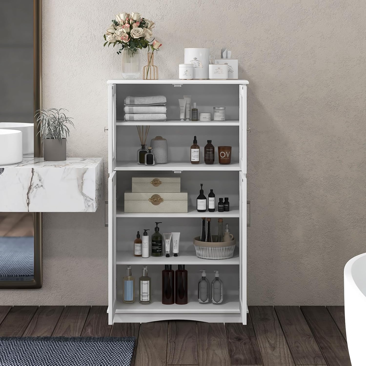 Mobile da Bagno con 4 Ante, Armadio da Terra con Ripiani Regolabili, Mobiletto Multifunzionale per Bagno Cucina e Soggiorno, 60x30x108 cm, Bianco (Bianco)