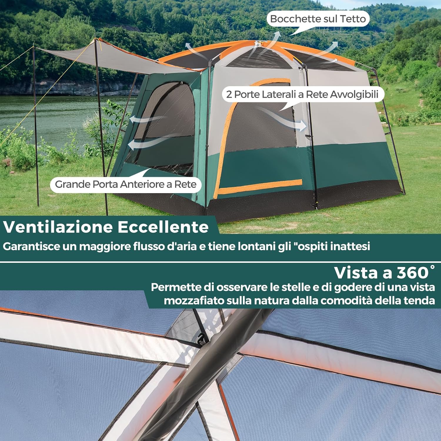 Tenda da Campeggio con Divisorio, Tenda a Doppio Strato con Telo Antipioggia, Telo in PE, Finestre a Rete, Impermeabile e Antivento, con Borsa
