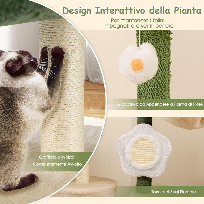 Tiragraffi per Gatto Alto 114 cm Forma di Fiore, Albero Tiragraffi Gatto con Amaca, Grotta e Palla Pompon, Torre Tiragraffi per Gatti con Pali e Tavola in Sisal, Verde e Beige