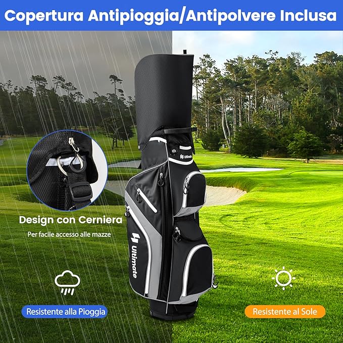 Borsa da Golf con Divisori Superiori a 14 Vie, 9 Tasche, Tasca Termica, Tasca per Scarpe, Porta Ombrello, Doppia Tracolla e Cappuccio Antipioggia, Sacca da Golf per Uomo e Donna