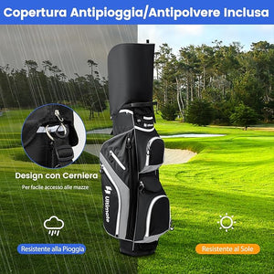 Borsa da Golf con Divisori Superiori a 14 Vie, 9 Tasche, Tasca Termica, Tasca per Scarpe, Porta Ombrello, Doppia Tracolla e Cappuccio Antipioggia, Sacca da Golf per Uomo e Donna