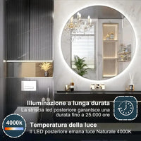Specchio Rotondo da Parete RUBLO 60 cm, Specchio Retroilluminato Bagno, Led 4000K, Specchiera Bagno Made in Italy Personalizzabile Bordo Filo Lucido Moderno