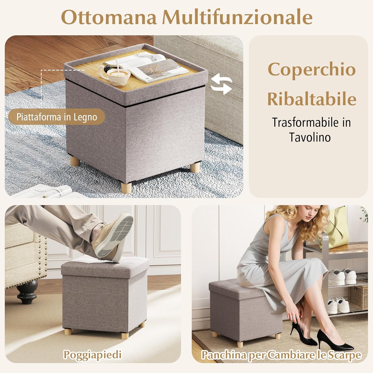 Pouf Contenitore da 45 cm, Sgabello con Vassoio e Gambe in Legno di Gomma, Poggiapiedi Imbottito, Sgabello per Scarpe Quadrato per Soggiorno, Portata 150 kg (Beige)