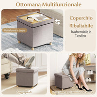 Pouf Contenitore da 45 cm, Sgabello con Vassoio e Gambe in Legno di Gomma, Poggiapiedi Imbottito, Sgabello per Scarpe Quadrato per Soggiorno, Portata 150 kg (Beige)
