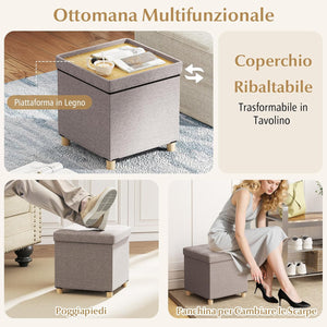 Pouf Contenitore da 45 cm, Sgabello con Vassoio e Gambe in Legno di Gomma, Poggiapiedi Imbottito, Sgabello per Scarpe Quadrato per Soggiorno, Portata 150 kg (Beige)