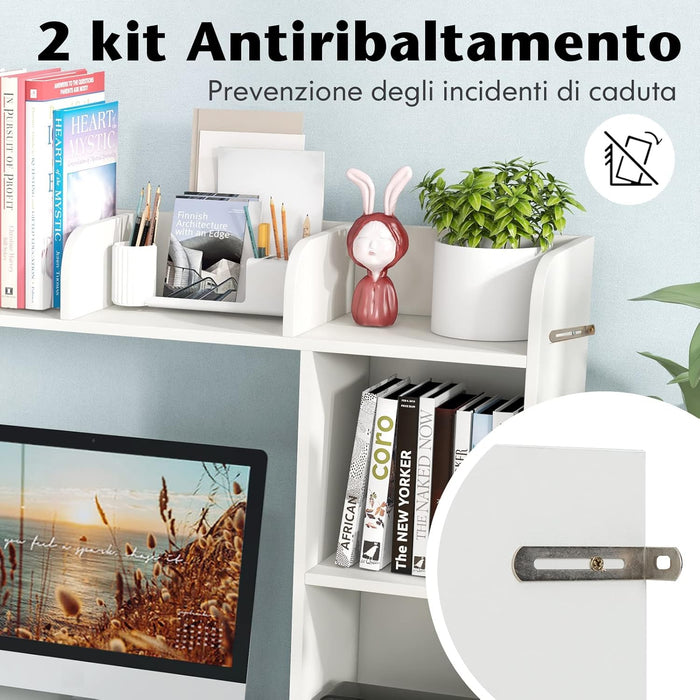 Scaffale da Scrivania in Legno, Libreria da Tavolo Salvaspazio con 4 Ripiani e Scomparto Aperto, Scaffale Espositivo per Computer, Casa Ufficio, 94x25x74 cm (Bianco)