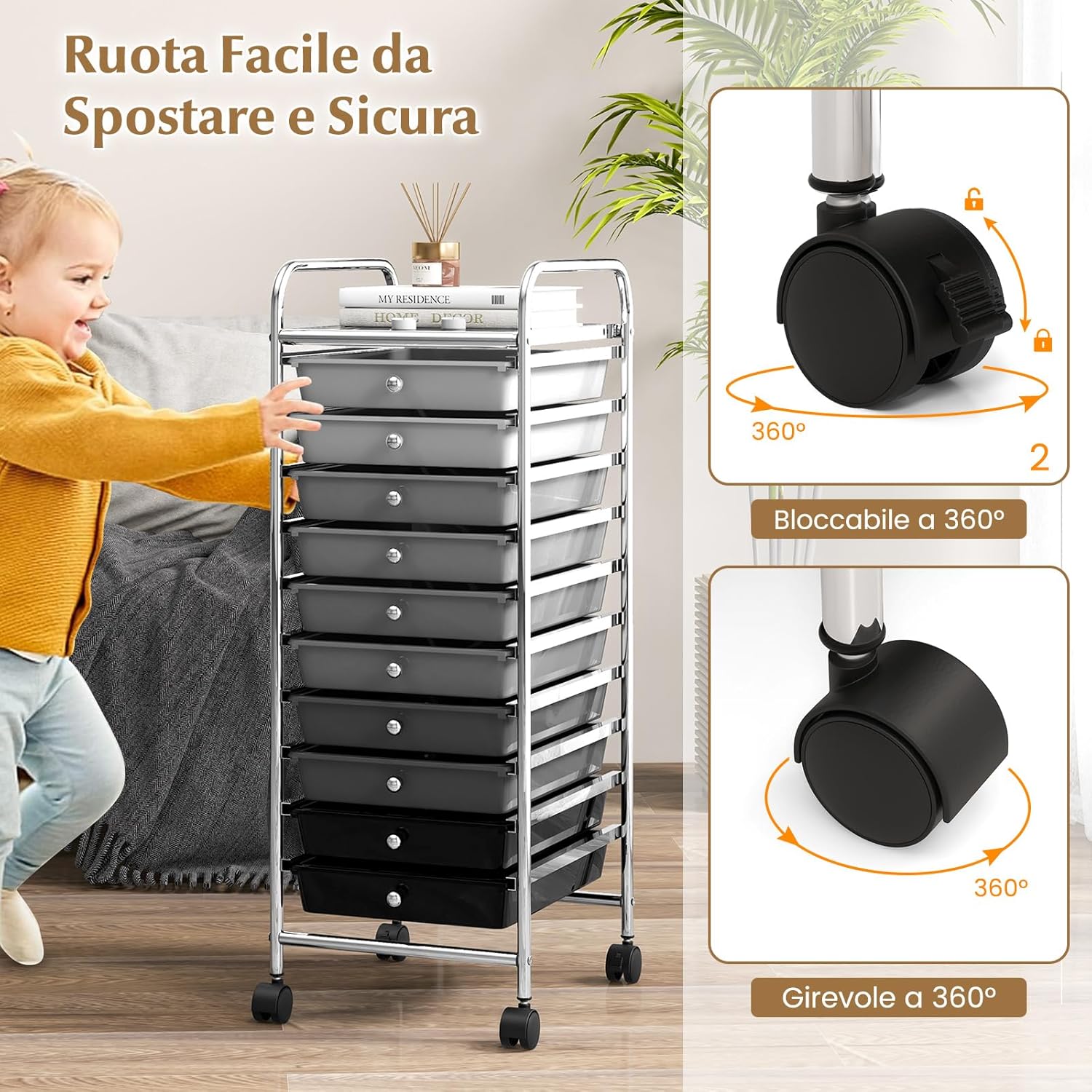 Carrello con 10 Cassetti da Stoccaggio, Cassettiera di Metallo e Plastica, Contenitore Multiuso con Ruote a Freno, per Casa e Ufficio (Nero sfumato)
