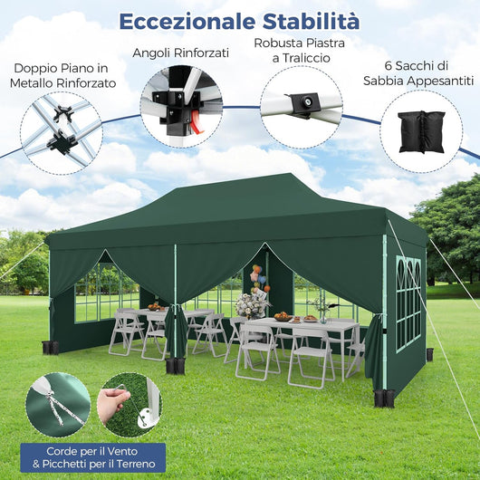 Gazebo da Giardino 3 x 6 m, Tendone per Feste con 6 Pannelli Laterali Rimovibili, con Borsa da Trasporto, Design Pop-up, per Matrimonio Eventi e Barbecue (Verde)