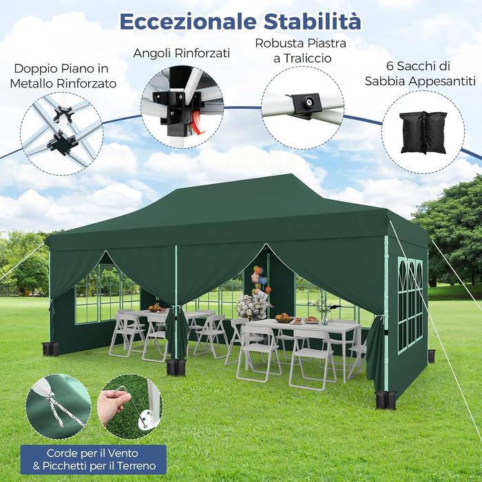 Gazebo da Giardino 3 x 6 m, Tendone per Feste con 6 Pannelli Laterali Rimovibili, con Borsa da Trasporto, Design Pop-up, per Matrimonio Eventi e Barbecue (Verde)