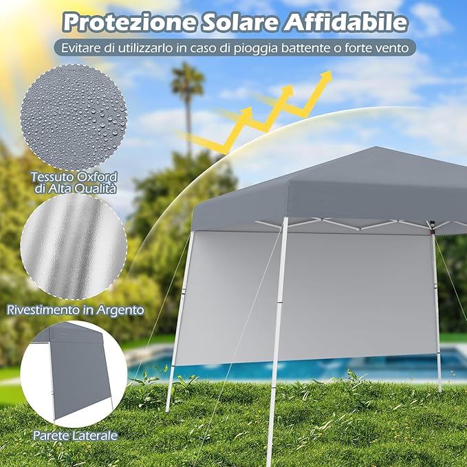 Gazebo Pop-up da Esterno 3 x 3 m, Gezebo Pieghevole con 1 Parete Laterale, Zaino Portatile e 4 Picchetti, Tendone Impermeabile e Resistente per Campeggio e Feste (Grigio)