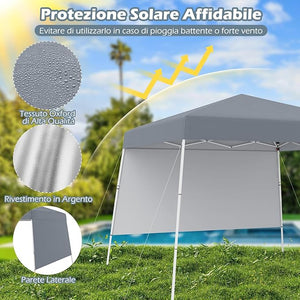 Gazebo Pop-up da Esterno 3 x 3 m, Gezebo Pieghevole con 1 Parete Laterale, Zaino Portatile e 4 Picchetti, Tendone Impermeabile e Resistente per Campeggio e Feste (Grigio)