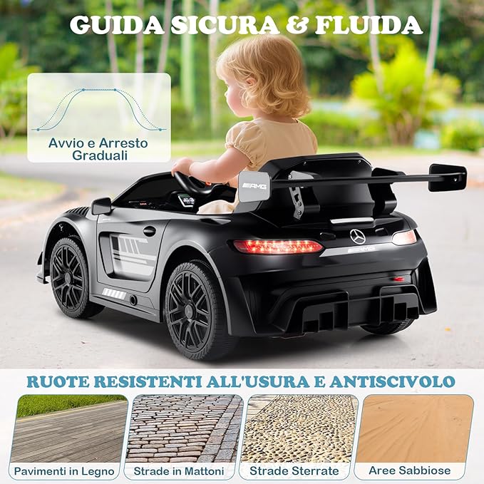 Macchina Elettrica per Bambini, Mercedes Auto Cavalcabile con Telecomando 3 Velocità Luci LED Musica e Connessione Senza Fili, Partenza Morbida, 4,5 Km/h, 3+ Anni (Nero)