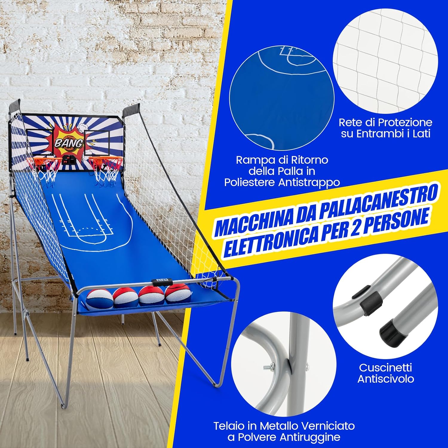 Macchina da Pallacanestro Elettronica Pieghevole, Gioco Arcade da Basket a Doppio Tiro per Casa con 8 Modalità di Gioco, Suono Arcade, Punteggio Elettronico, 4 Palloni e Pompa (Blu e bianco)