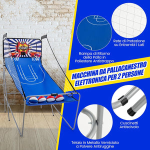 Macchina da Pallacanestro Elettronica Pieghevole, Gioco Arcade da Basket a Doppio Tiro per Casa con 8 Modalità di Gioco, Suono Arcade, Punteggio Elettronico, 4 Palloni e Pompa (Blu e bianco)