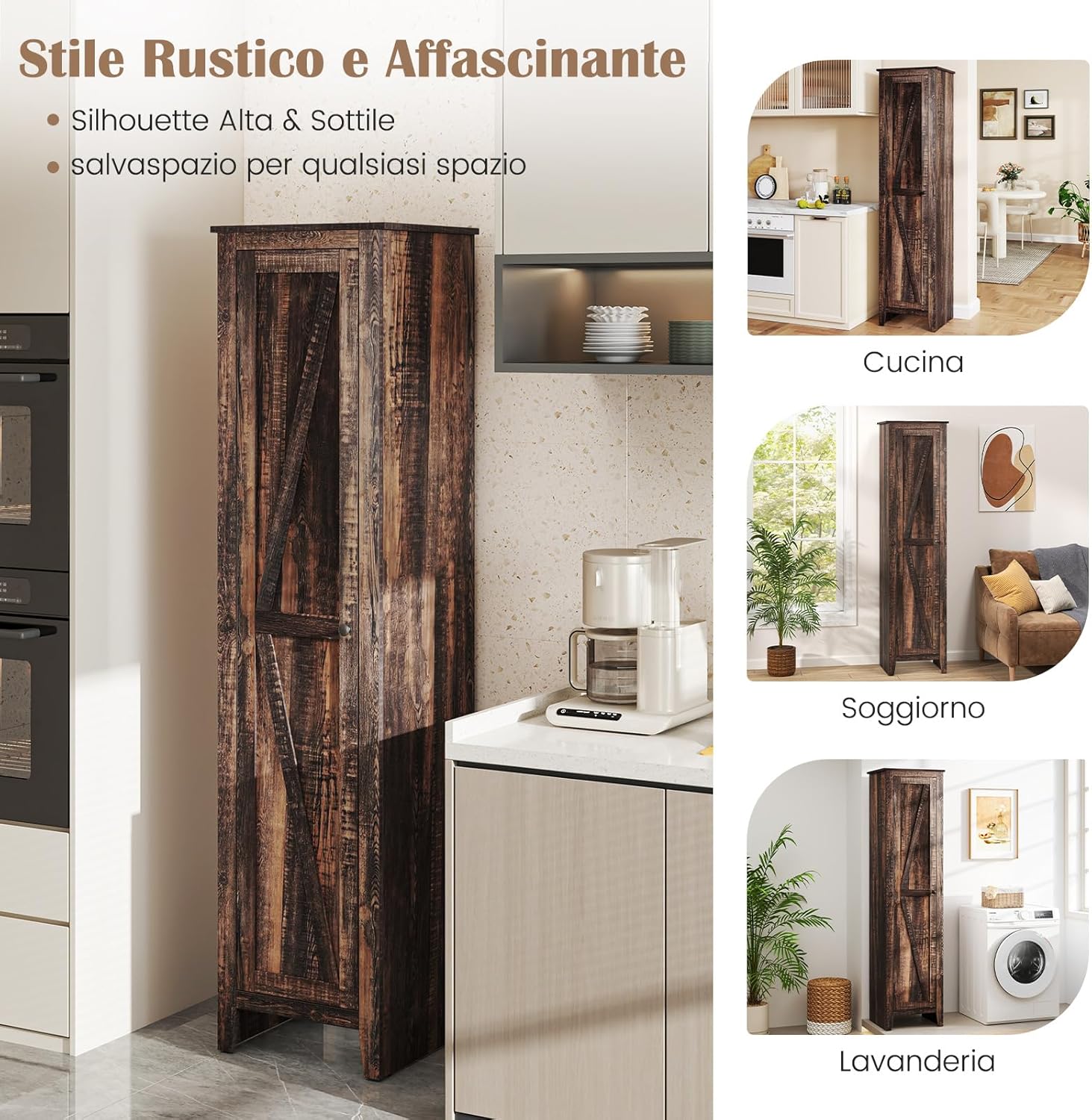 Mobile Bagno 43 x 39,5 x 183 cm, Colonna Bagno con Ante e 4 Ripiani, Armadietto Salvaspazio Alto a Colonna in MDF, per Soggiorno, Cucina e Ufficio (Marrone)