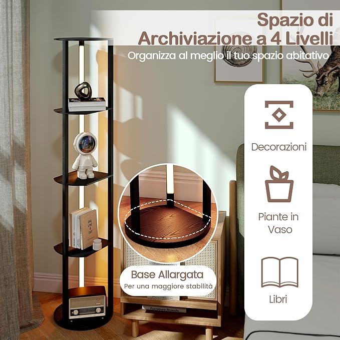 Lampada da Terra Moderna con Mensole, Lampada a Stelo in Legno con 4 Strisce LED Ruotabili, Luminosità Regolabile e Interruttore a Pedale, Scaffale a 4 Ripiani con Luce per Casa