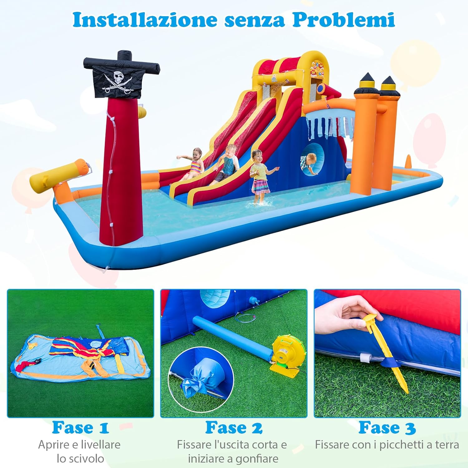 Castello Gonfiabile, Casa Gonfiabile con 2 Scivoli, Piscina, Parete da Arrampicata, Tunnel e Cannone d'Acqua, per Bambini di 3-10 Anni, 693 x 295 x 263 cm