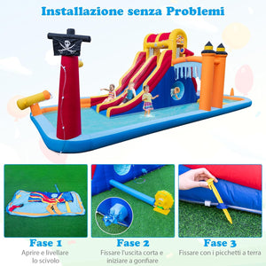 Castello Gonfiabile, Casa Gonfiabile con 2 Scivoli, Piscina, Parete da Arrampicata, Tunnel e Cannone d'Acqua, per Bambini di 3-10 Anni, 693 x 295 x 263 cm