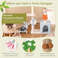 Tiragraffi per Gatto Alto 180 cm Stile Tropicale, Albero Tiragraffi Gatti con Pali con Corda in Juta, Piattaforme, 2 Grotte e Pompon, Torre Gatto Rivestito in Peluche, Blu e Verde