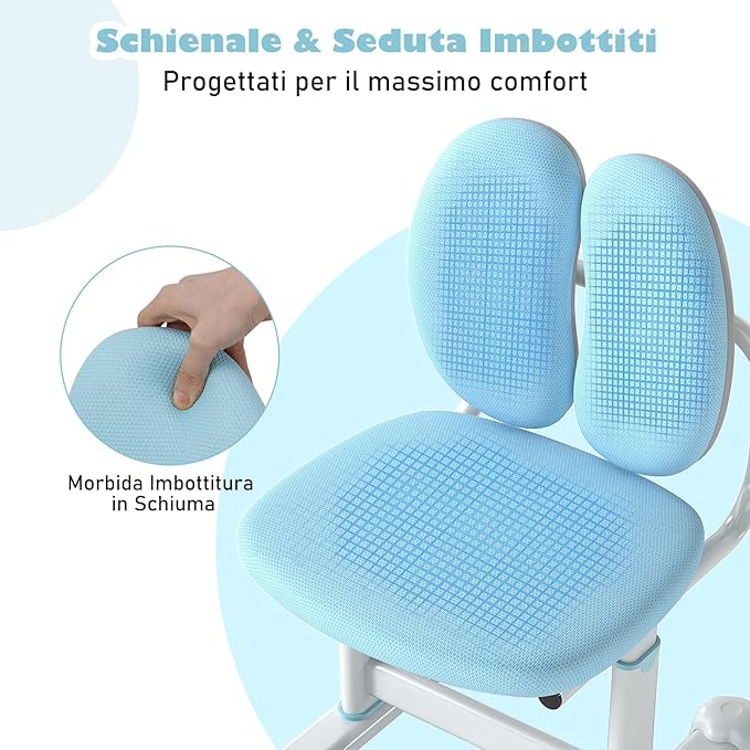 Sedia da Scrivania per Bambini 3+ Anni, Sedia Imbottita per Studiare con Doppio Supporto Lombare e Altezza Regolabile, Chair da Compiti per Casa e Scuola, Portata 100 kg (Blu)