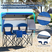 Sedia Spiaggia a Doppio, Sedia da Campeggio con Tettoia Regolabile, Poltrona Loveseat per 2 Persone, con Borsa da Trasporto, Borsa Termica, per Giardino Picnic, Portata 300 kg (Blu)
