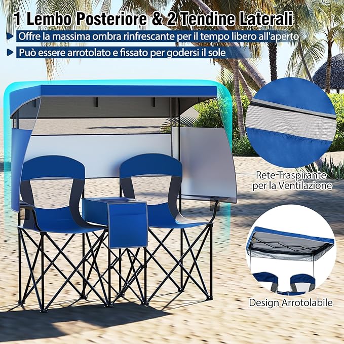 Sedia Spiaggia a Doppio, Sedia da Campeggio con Tettoia Regolabile, Poltrona Loveseat per 2 Persone, con Borsa da Trasporto, Borsa Termica, per Giardino Picnic, Portata 300 kg (Blu)