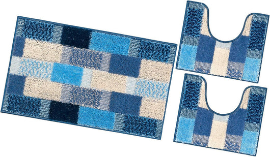 Tappeto Bagno Set 3 Pezzi Moderno Soffice Antiscivolo Assorbente Doccia Blu