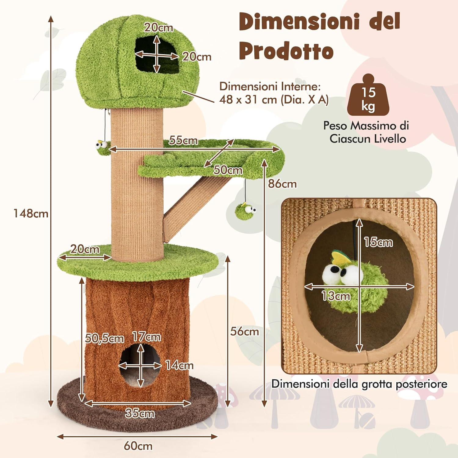 Tiragraffi a Forma di Albero per Gatti 175cm, Albero per Animali Domestici con 2 Casette, Trespolo Peluche, Palline Teaser, Pali in Sisal e Cuscini Rimovibili, Torre Moderno Interno