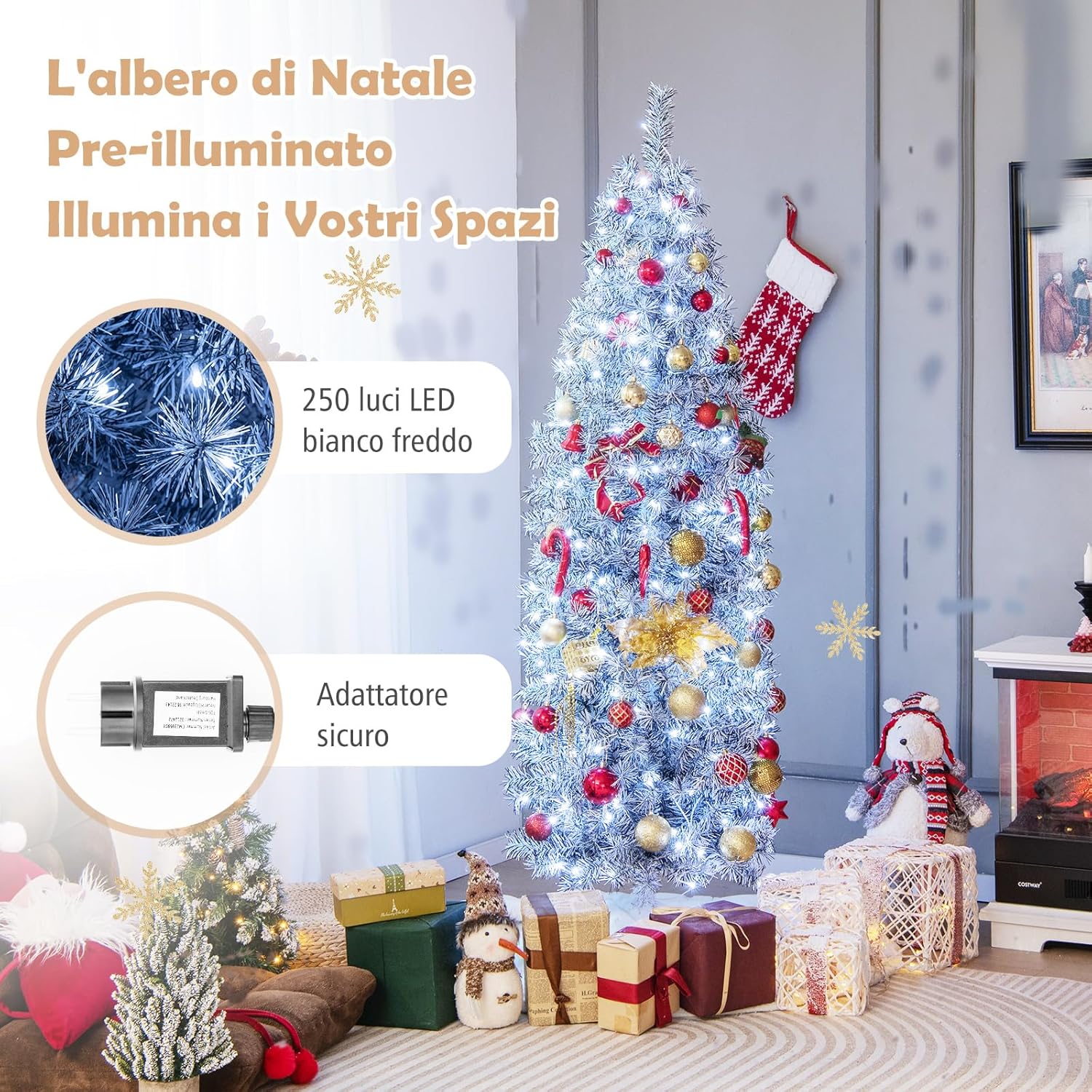 Albero di Natale Artificiale Pre-Illuminato da 180 CM, Albero di Natale Slim con 250 Luci LED, 475 Rami, Base Pieghevole in Metallo, Decorazioni Natalizie per Ufficio e Casa