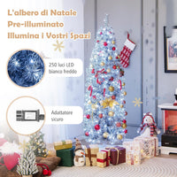 Albero di Natale Artificiale Pre-Illuminato da 180 CM, Albero di Natale Slim con 250 Luci LED, 475 Rami, Base Pieghevole in Metallo, Decorazioni Natalizie per Ufficio e Casa