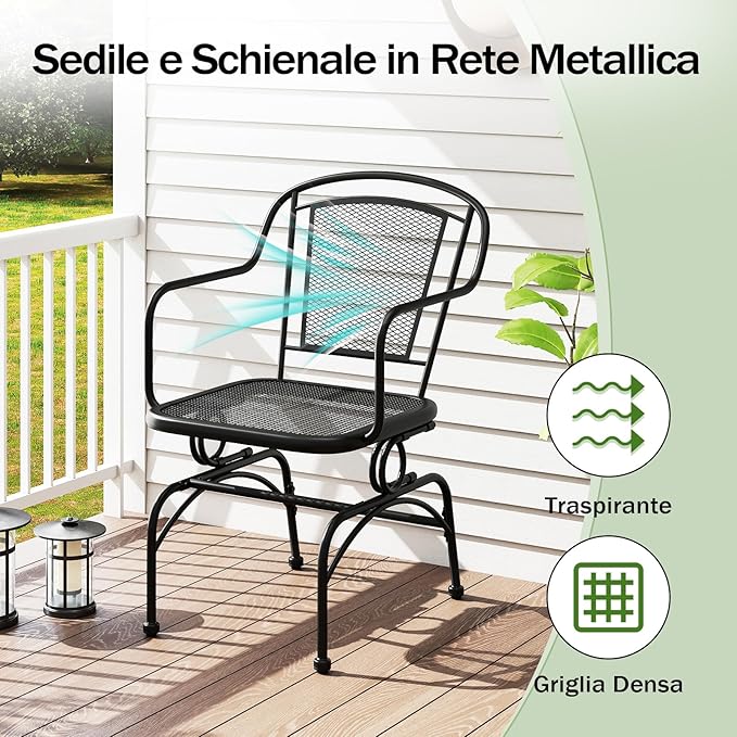 Set di 2 Sedie a Dondolo con Schienale e Seduta in Rete, Poltrona da Pranzo Giardino con Piedini Regolabili, Telaio in Metallo, Sedia da Bistro per Giardino Balcone, Portata 102 kg