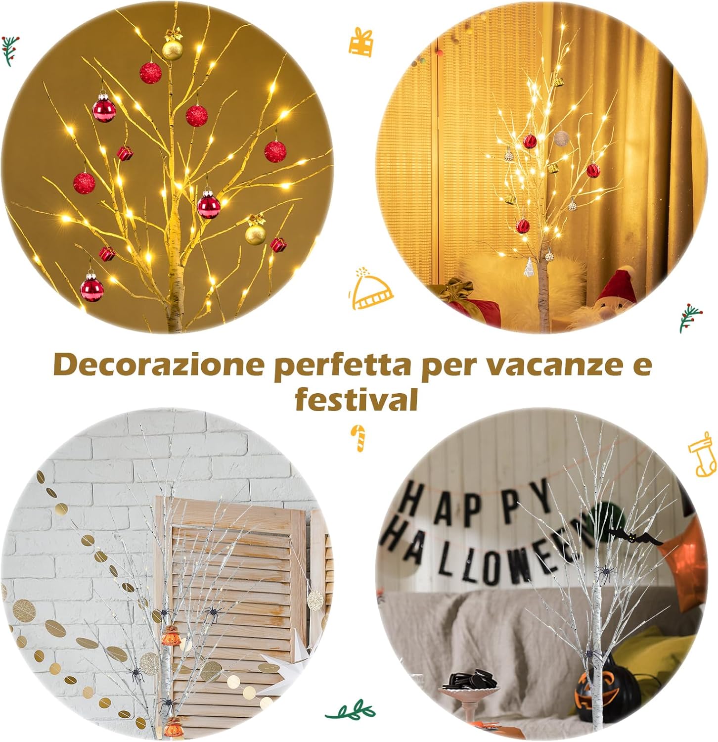 Albero Artificiale Illuminato 120/150/180 cm con Rami di Betulla, Albero di Natale Bianco con Luci LED Calde e Bianche, Decorazione per Interno per Natale Pasqua Matrimonio (150cm)