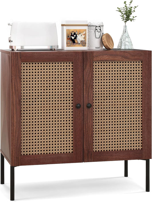 Credenza con 2 Ante in Rattan, Mobile Buffet da Cucina con Ripiano Regolabile in 3 Posizioni, Mobile per Cucina, Sala da Pranzo e Soggiorno, 80 x 40 x 80 cm (Noce)