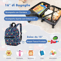 5 Pezzi Valigia per Bambini, Valigia con ManicoTelescopico da 16" con 13" Zainetto, Cuscino per Il Collo, Etichetta per Bagaglio, Borsa per Il Pranzo, con Ruote Girevoli a 360 ° (Modello 2)