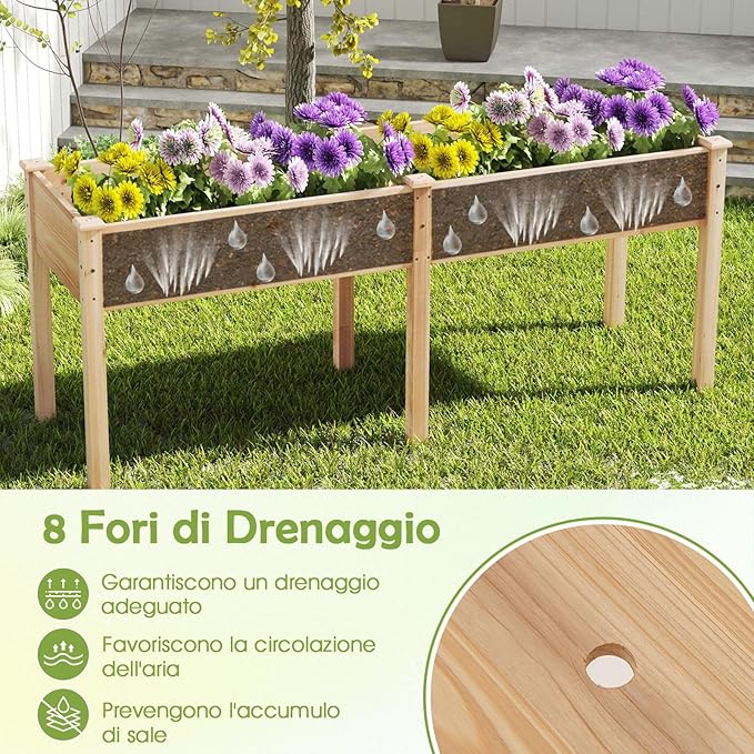 Fioriera da Giardino Rialzata, Letto da Giardino Elevato in Legno con Pannello Divisore, Fori di Drenaggio, Aiuola Rialzata per Piante, Fiori, Erbe e Verdure (Naturale)