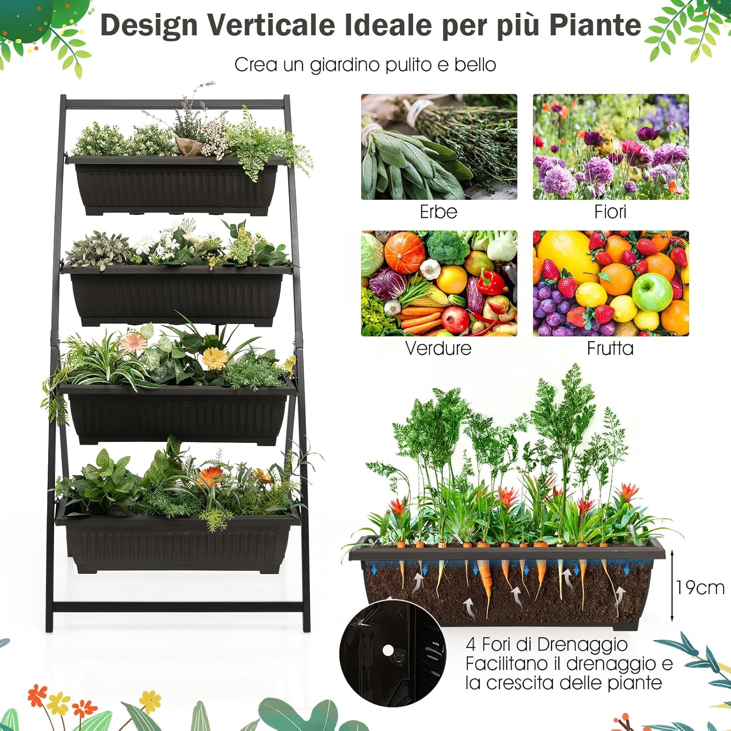 Letto da Giardino Rialzato Verticale, Fioriera Elevata a 4 Livelli con Fori di Drenaggio, Fioriera Autoportante per Interni ed Esterni per Verdure, Erbe e Fiori (76 cm x 70,5 cm x 160 cm)