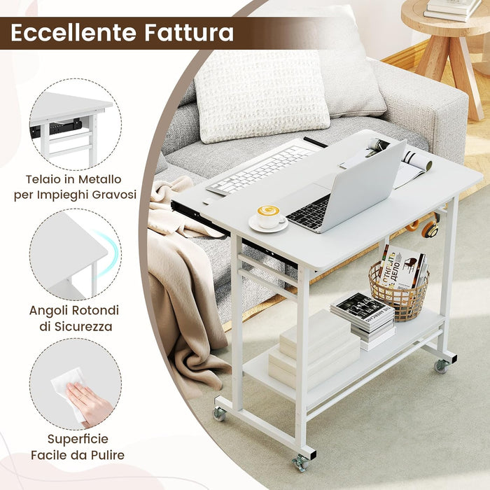Scrivania con Ruote, Vassoio per Tastiera, Supporto per CPU e Ganci, Scrivania Moderna in Legno e Metallo per Salotto e Camera da Letto, 80 x 50 x 78 cm (Bianco)