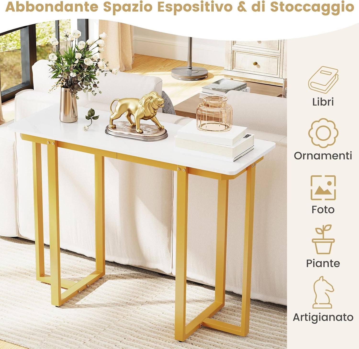 Tavolo Consolle, Tavolo d'Ingresso Moderno in Marmo Finto con Telaio Geometrico in Metallo, Tavolo Stretto per Soggiorno, Corridoio e Ingresso, 107 x 40 x 79,5 cm (Oro e bianco)