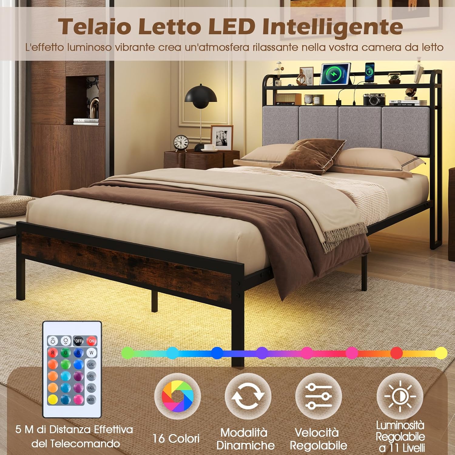 Letto Matrimoniale 220 x 140 cm con Luci LED a Telecomando, Struttura Letto con Stazione d Ricarica, Telaio Letto con Testiera Rivestita in Lino, Capacit¨¤ di 500 kg, Marrone Rustico