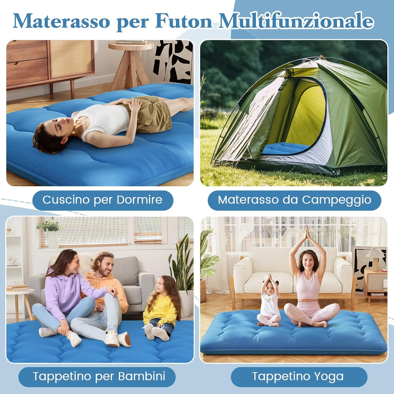 Materasso Futon Pieghevole, Materasso Portatile con Sacca da Trasporto per Camping, Materasso da Terra con Copertura Lavabile (200 x 140 cm, Blu)