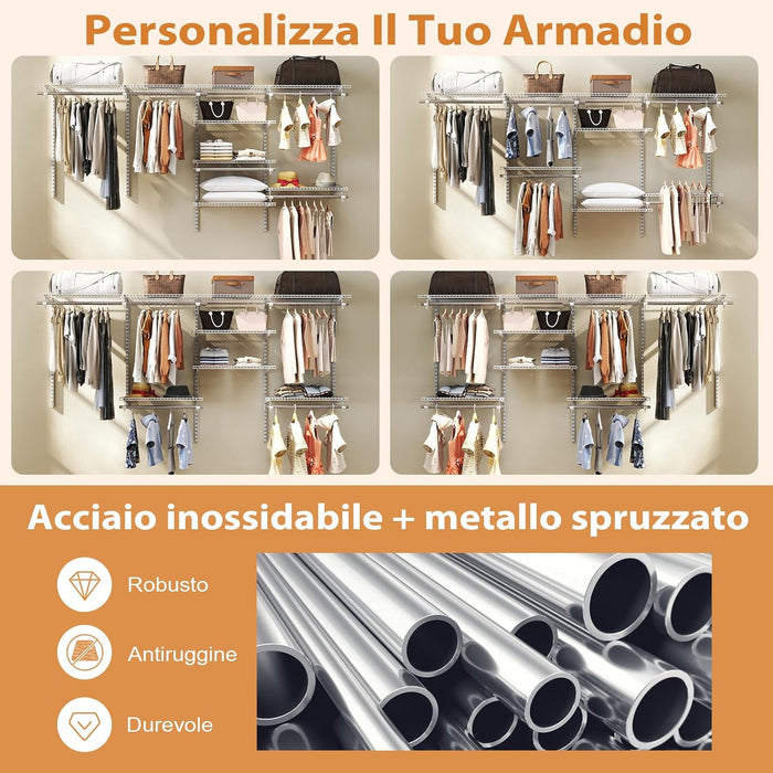 Guardaroba Parete 122-244 CM, Sistema di Organizzazione Regolabile con Asta Pendente, Appendiabiti Metallica, Sistema di Organizzazione e Stoccaggio Armadi per Camera da Letto (Bianco)