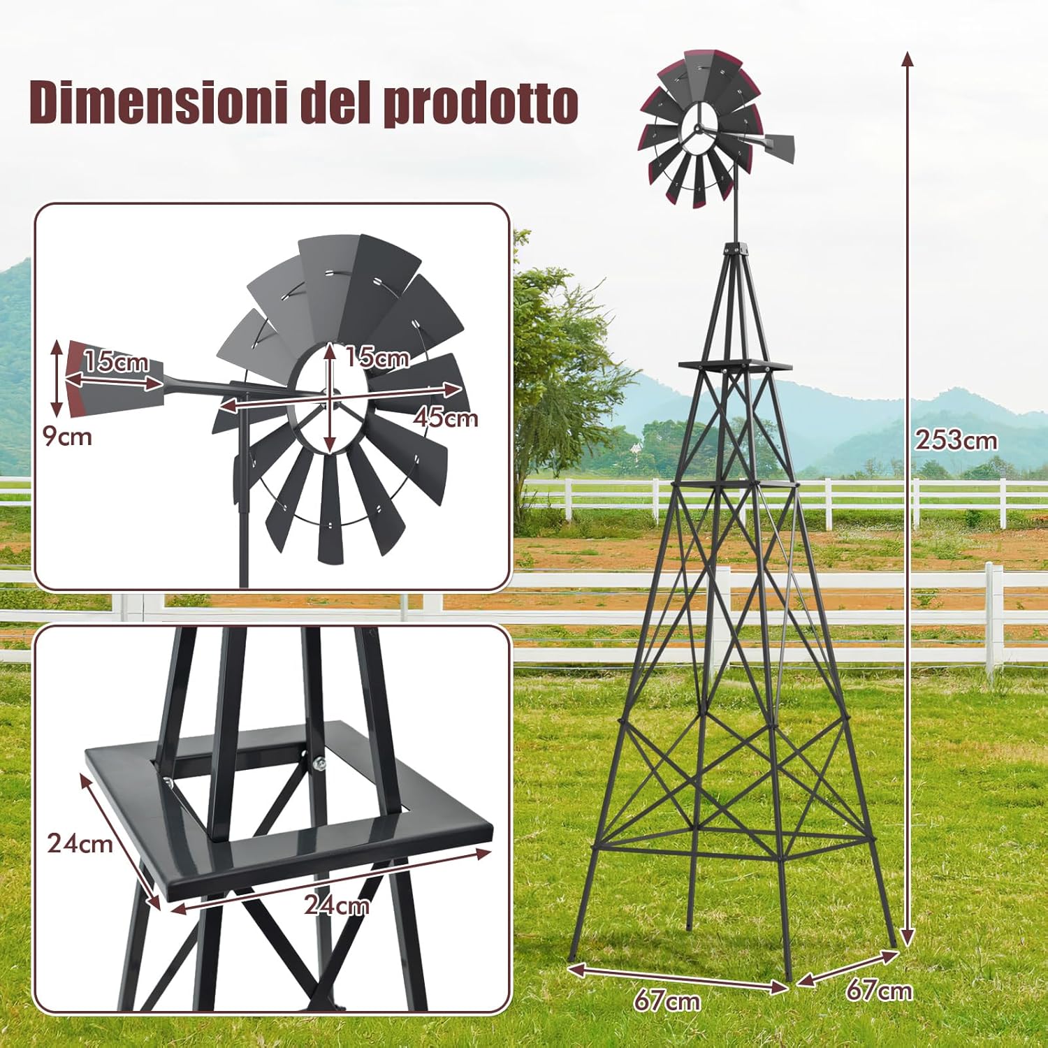 Mulino a Vento da Giardino Stile USA 245cm, Mulino a Vento con Cuscinetti a Sfera, Girandola, Sculture a Vento, Decorazione Esterno in Metallo per fattoria, giardino o parco (Grigio)