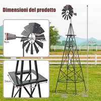 Mulino a Vento da Giardino Stile USA 245cm, Mulino a Vento con Cuscinetti a Sfera, Girandola, Sculture a Vento, Decorazione Esterno in Metallo per fattoria, giardino o parco (Grigio)