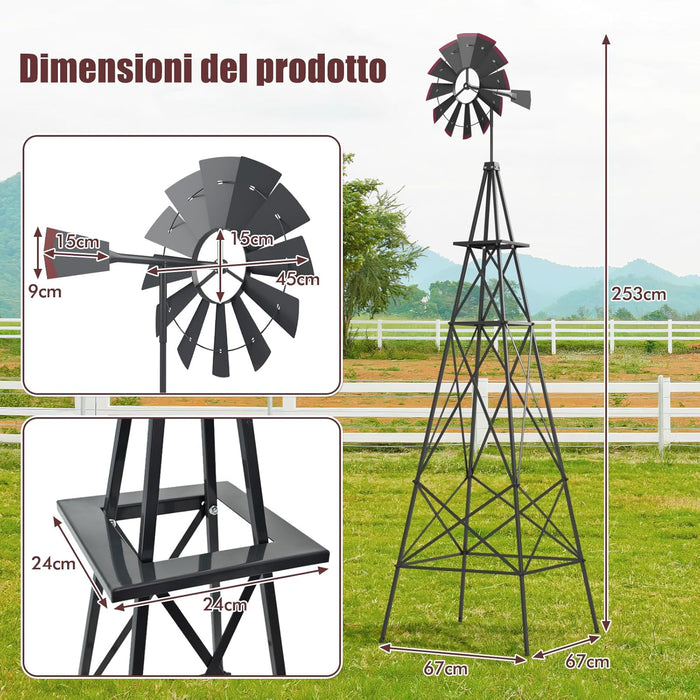 Mulino a Vento da Giardino Stile USA 245cm, Mulino a Vento con Cuscinetti a Sfera, Girandola, Sculture a Vento, Decorazione Esterno in Metallo per fattoria, giardino o parco (Grigio)