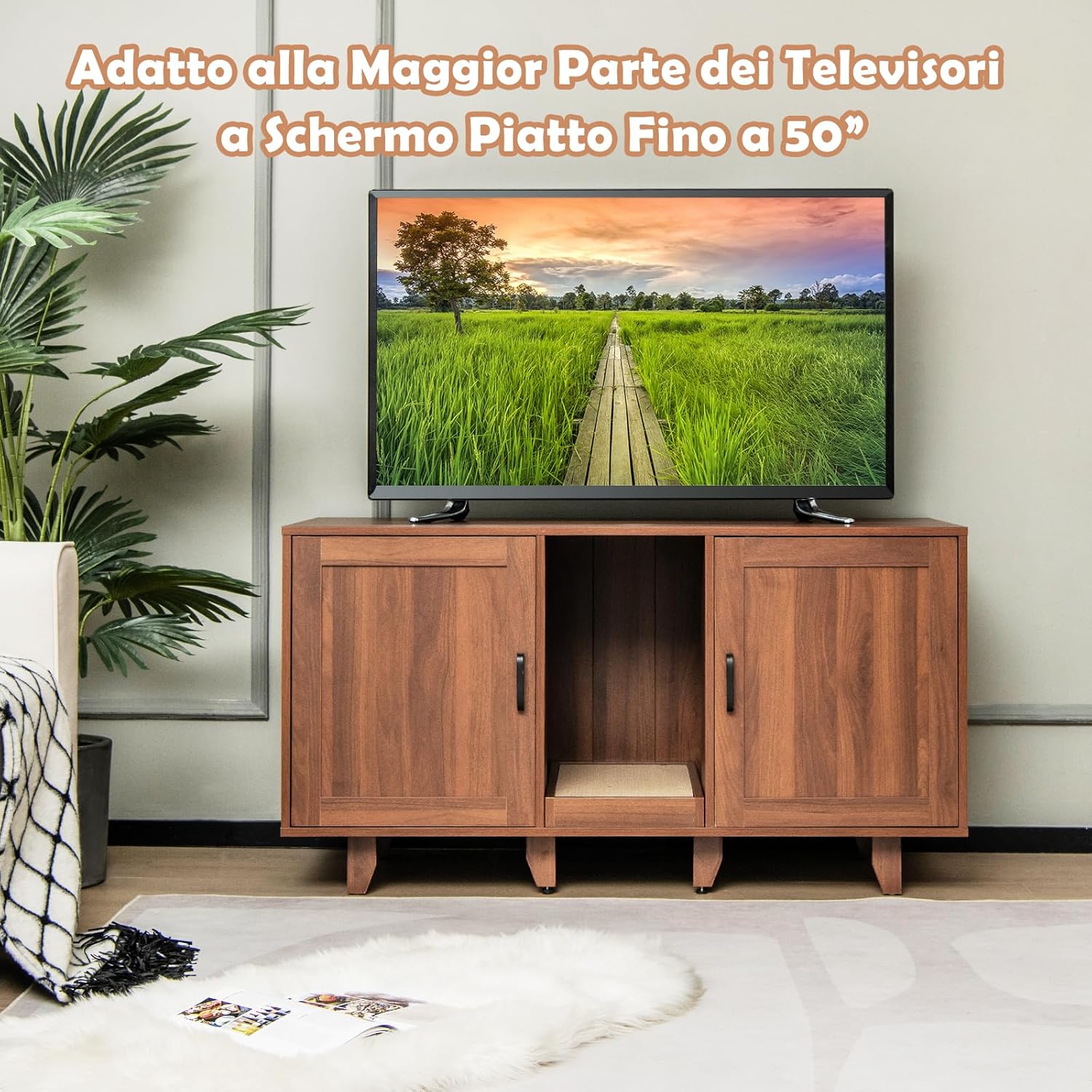 Mobile per Lettiera per Gatti 120 x 52 x 65 cm, Casetta per Gatti con 2 Ante, Fori, Tiragraffi e Gambe Staccabili, Mobile Versatile e Moderno per Salotto (Marrone)