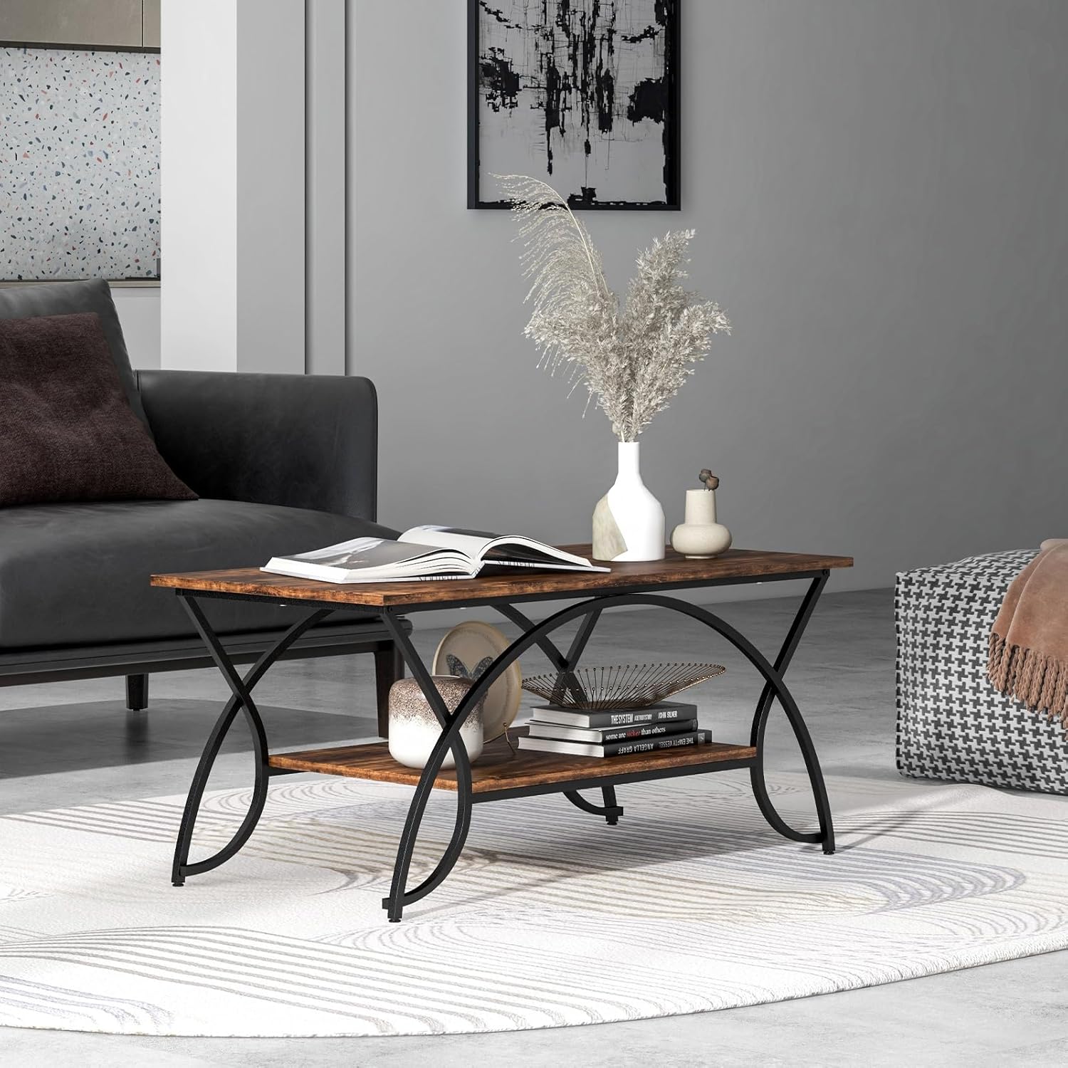 Tavolino da Caffè da Salotto, Tavolino Rettangolare a 2 Livelli con Struttura in Metallo, Tavolino Elegante e Moderno per Studio, Ufficio e Soggiorno, 100 x 50 x 45 cm (marrone e nero)