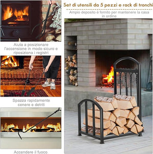 Porta Legna per Interni con 4 Attrezzi, Porta Legna per Camino di Metallo con Pala, Attizzatoio, Pinza, Scopa, Porta Legna da Ardere per Camino, Stufe e Braciere (43,5 x 39,5 x 69,5 cm)
